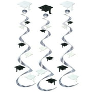 Beistle Grad Cap Twirly Decoration 30" Graduation Plastic Hanging Whirls, 3 CT, Black White