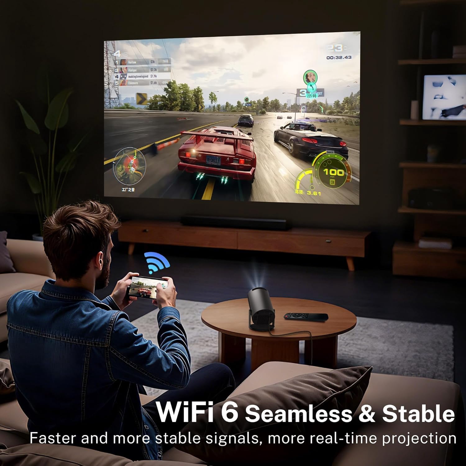 Projector with WiFi 6  5.4 Android 14 1080P 4K Support Portable Auto  OptiBarrel 500 Black