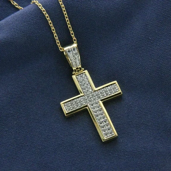 2.00Ct Round Cut Simulated Diamond Men's Cluster Cross Pendant 14K Yellow Gold Plated 925 Silver