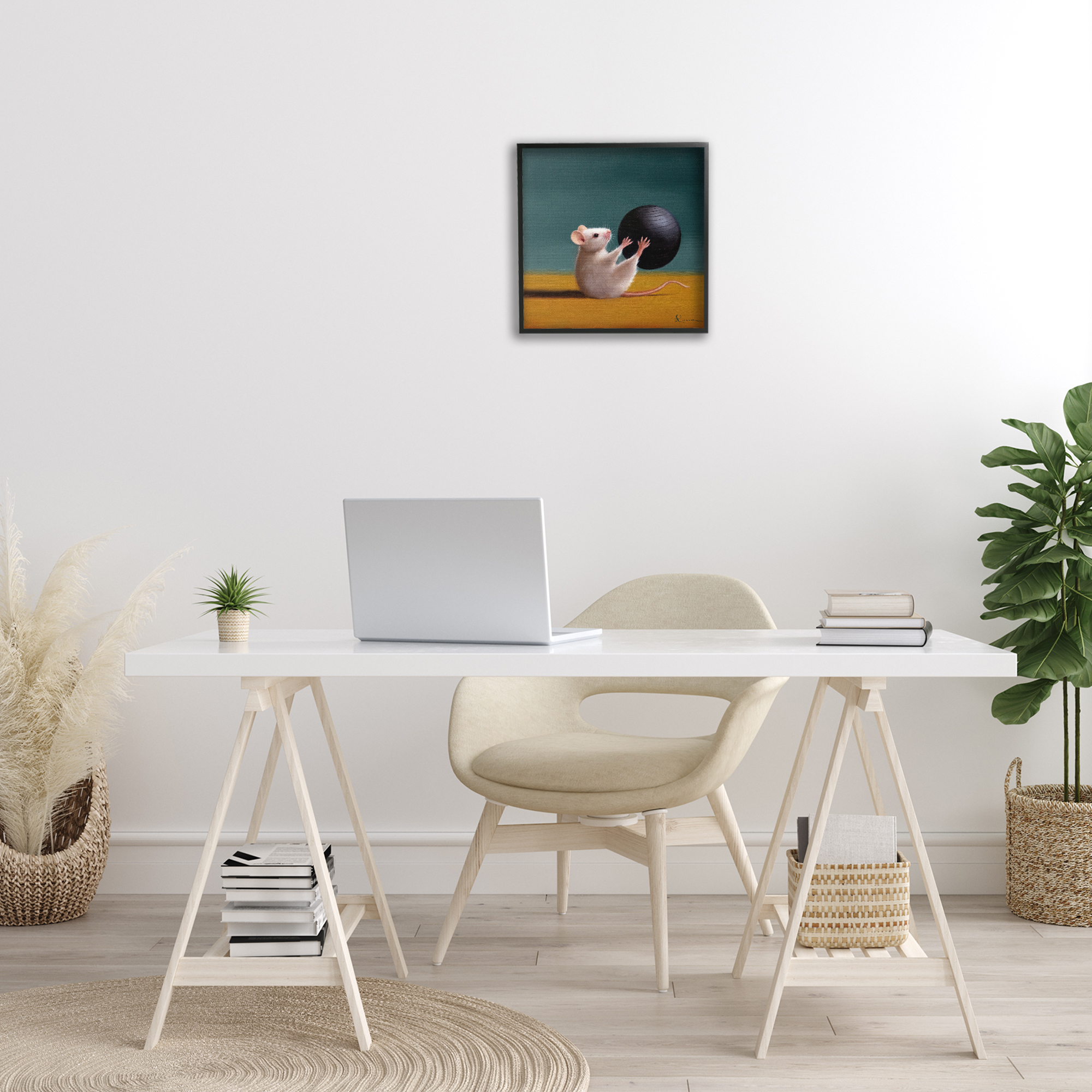 Stupell Industries Mouse with Exercise Ball Animals & Insects Painting Black Framed Art Print Wall Art, 17 x 17