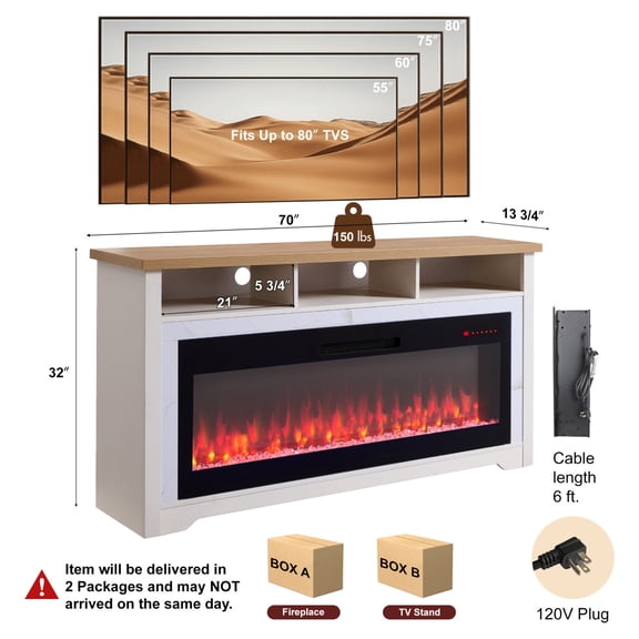 Miekor Furniture 70 inch Fireplace TV Stand for TVs up to 70",with 60"smart Electric Fireplace,white 26406