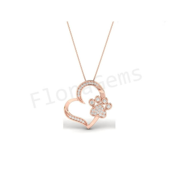 Heart with Dog Paw Penadnt With 18 inches Cabel Chain 14K Rose Gold Over Sterling Silver D/VVS1 Round Diamond Birthday Gifts for Women