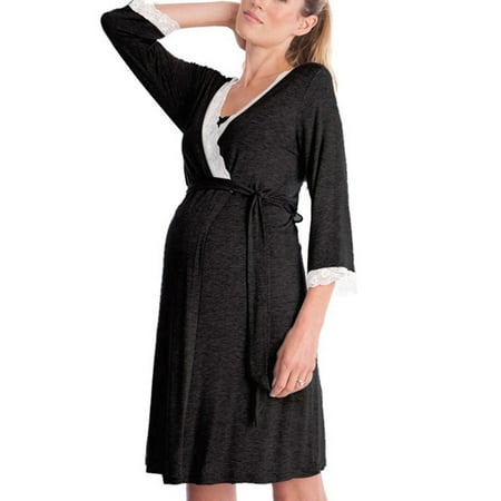 

Nursing Nightgowns Sleepshirts V-neck With Lace Patchwork For Women Laides Pregnant L Purplish Blue Nightdress Nightgown 2-piece Set
