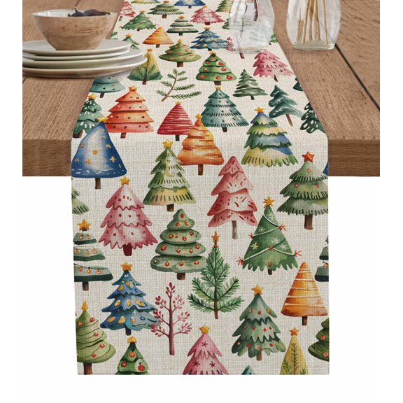 Christmas Trees Table Runner 36 Inches, Winter Xmas Vintage Pine Plant on Linen Bed Runner Dresser Scarves Tabletop for Indoor Outdoor Parties/Ceremony/Banquet, 13"x 36"