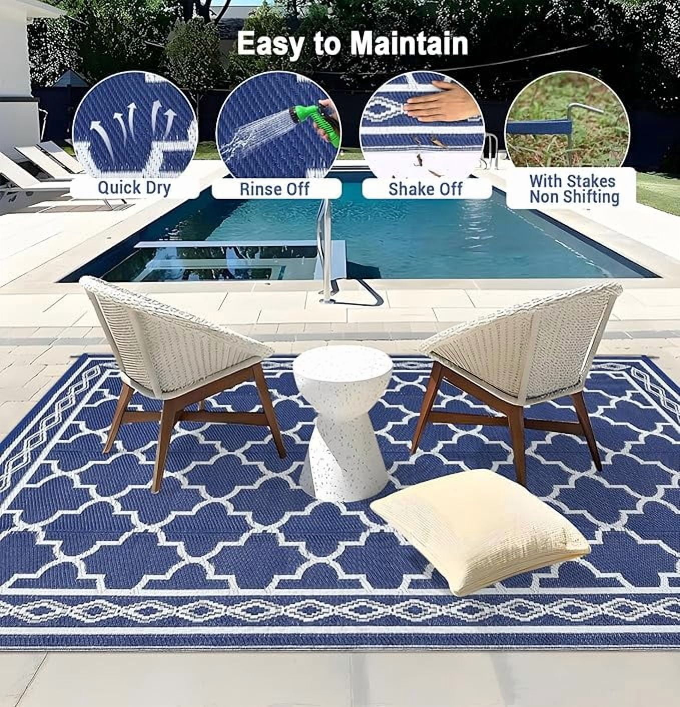 Outdoor Rug 8x10 Reversible Mats, Plastic Straw Rug, Large Floor Mat and Rug for Outdoors, Modern Area Rug, Patio, Backyard, Deck, Picnic, Beach, Trailer, Camping, Navy/White(Geometric)