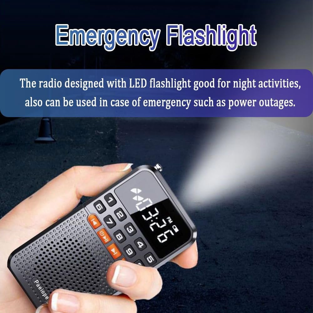 Portable FM Radio with Bluetooth and TF Card Socket, Rechargeable Pocket Radio with Best Reception,Auto Scan, LED Display, Emergency Flashlight for Outdoor Indoor (No AM)