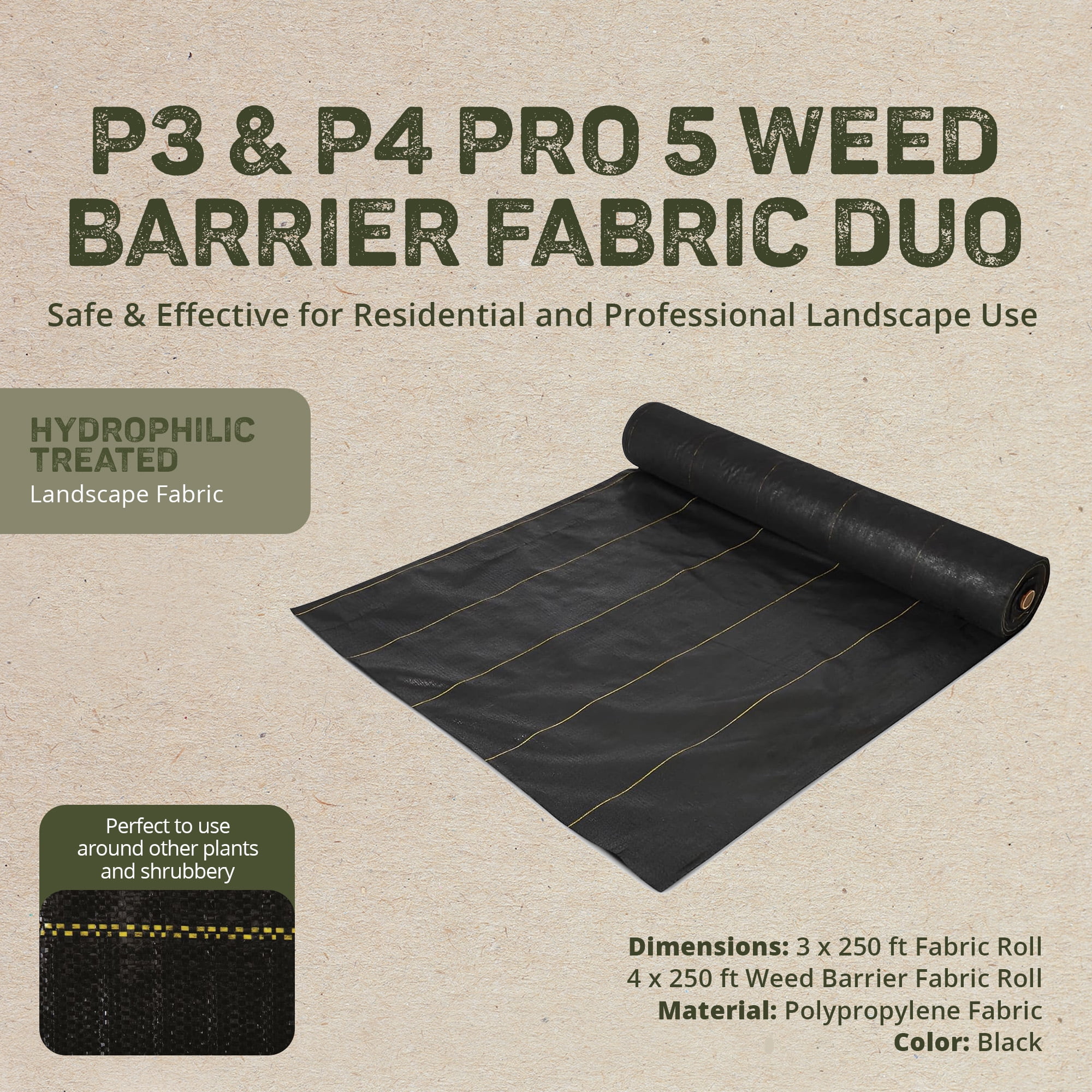 DeWitt Pro-5 Weed Barrier Fabric 5 oz, Heavy-Duty Woven Weed Control, 3x250 & 4x250 Feet