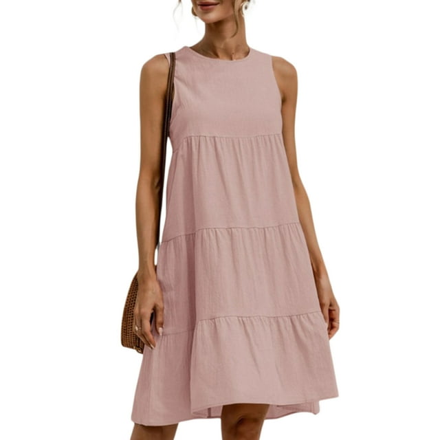 Kmbangi Femmes Robe de Couleur Unie, Col Rond Bouton Dos Sans Manches une Seule Pièce, Robe de Style de Rue Décontractée