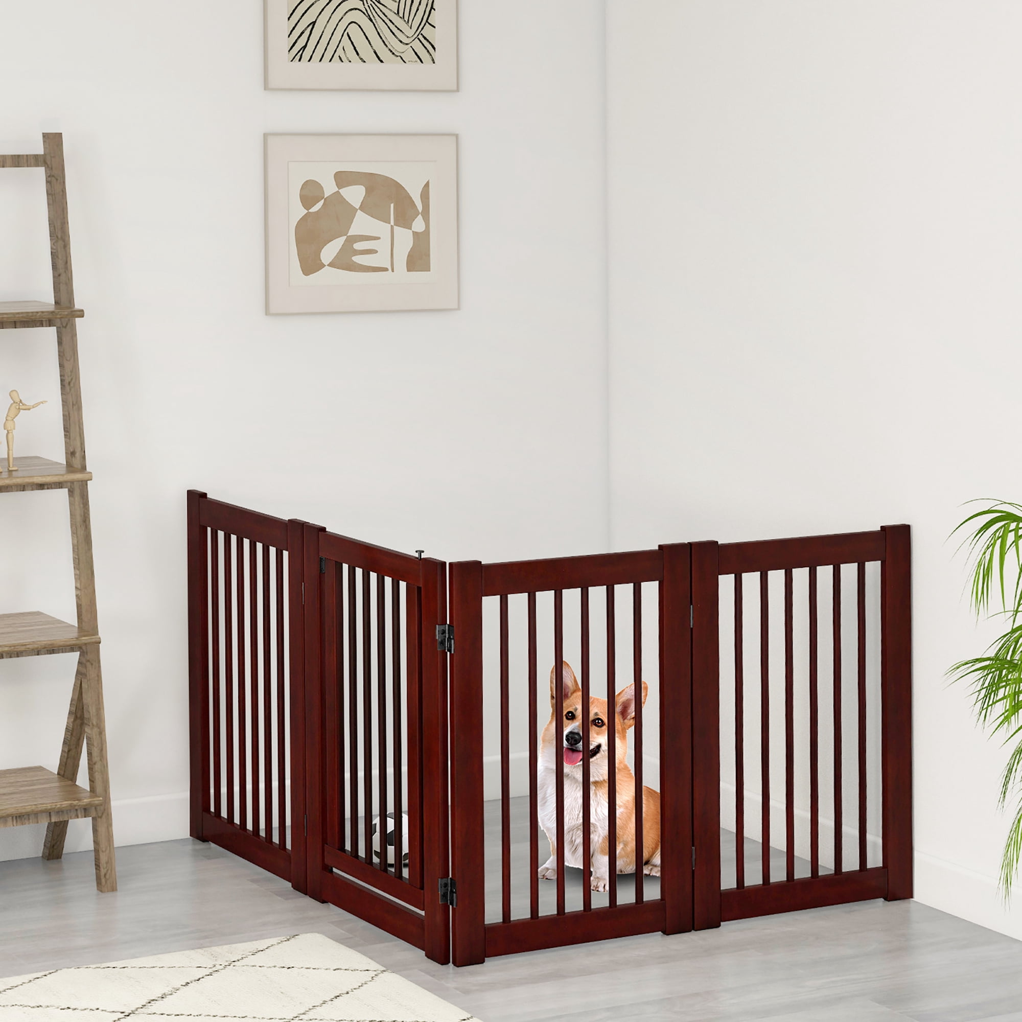 Gymax Freestanding Pet Gate 30'' Tall 4-Panel Wooden Dog Fence Solid Wood Foldable