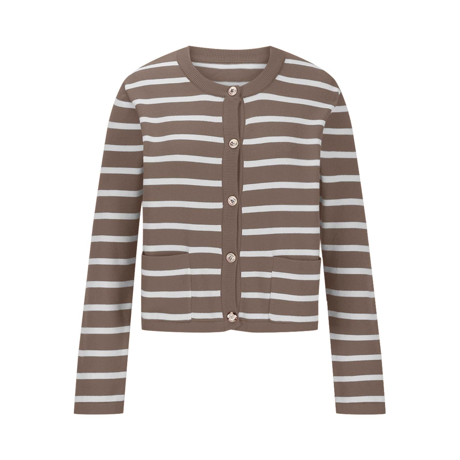 Aueoeo Women's Casual Striped Cardigan Sweaters Long Sleeve Crew Neck Lady Jacket Button -Down Open Front Coat Green S, Size: Small