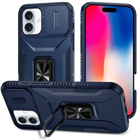 TJS for iPhone 16 Phone Case, Impact Resistant Slide Camera Cover Shockproof TPU PC Lens Protection Metal Ring Magnetic Support Kickstand Cover (Blue)