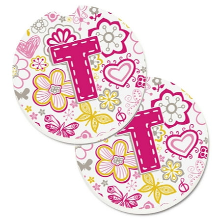 

Carolines Treasures CJ2005-TCARC Letter T Flowers and Butterflies Pink Set of 2 Cup Holder Car Coasters Large
