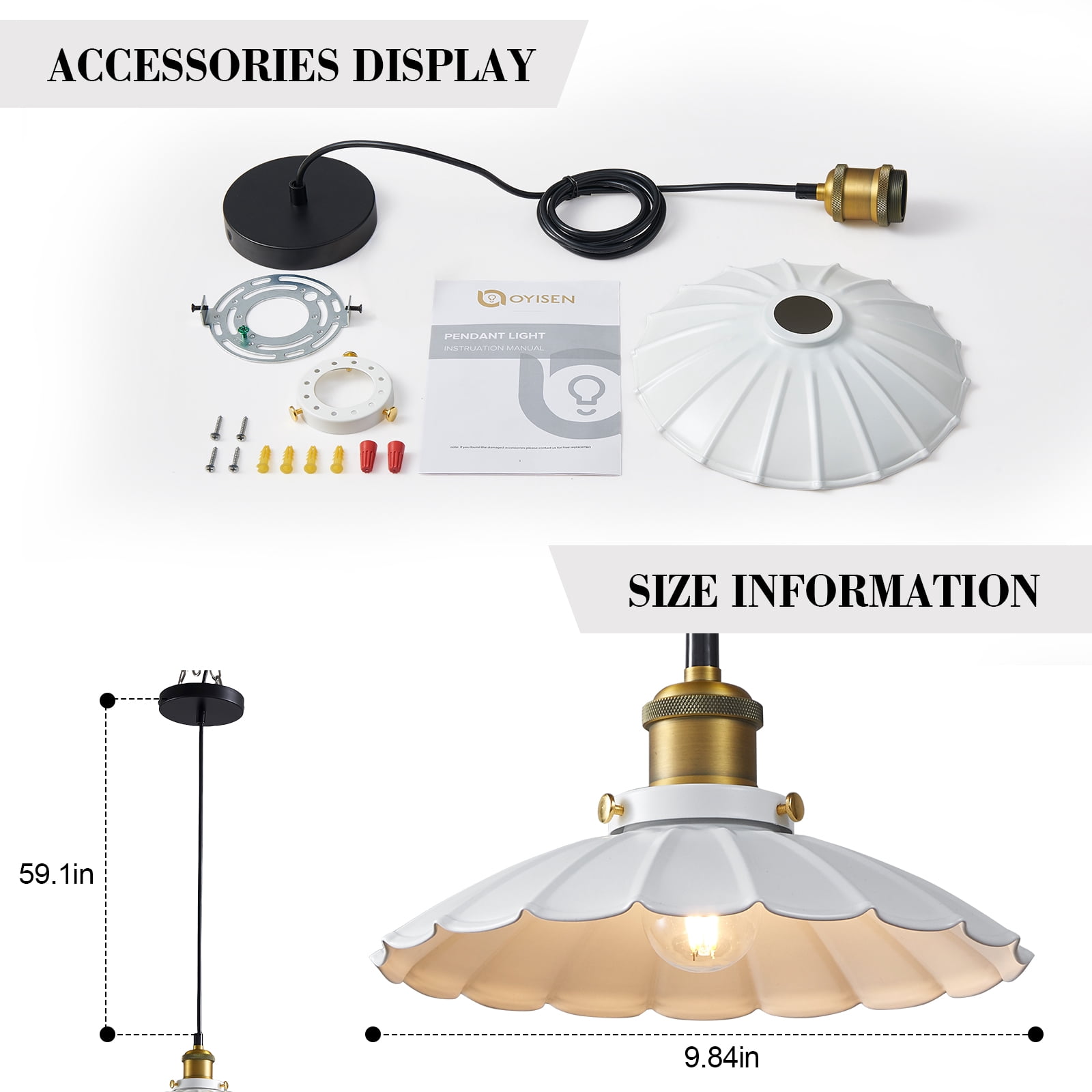 Oyisen White Pendant Lights, Modern Hanging Lamp with 9.8 Inch Industrial Shade for Kitchen Island, Farmhouse Pendant Lights Kitchen Island 6.5Ft Adjustable Cord Pendant Light Fixtures