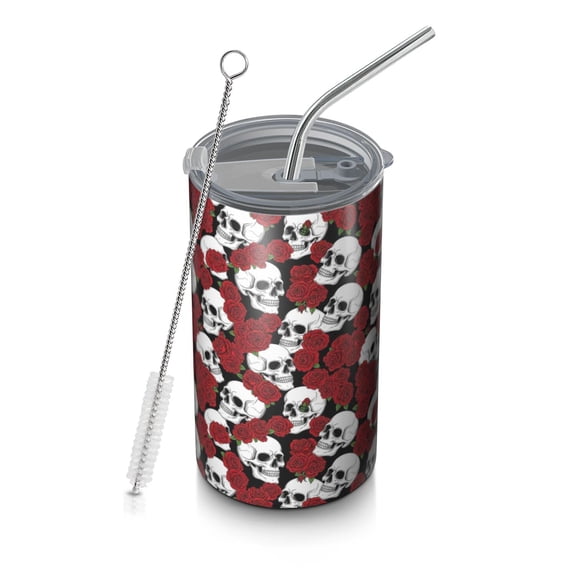 20oz Coffee Tumblers Red Skull Rose Pattern Stainless Steel Vacuum Insulated Travel Tumbler Coffee Cups Mug with Lid and Straw with Cleaning Brush for Cold & Hot Drinks