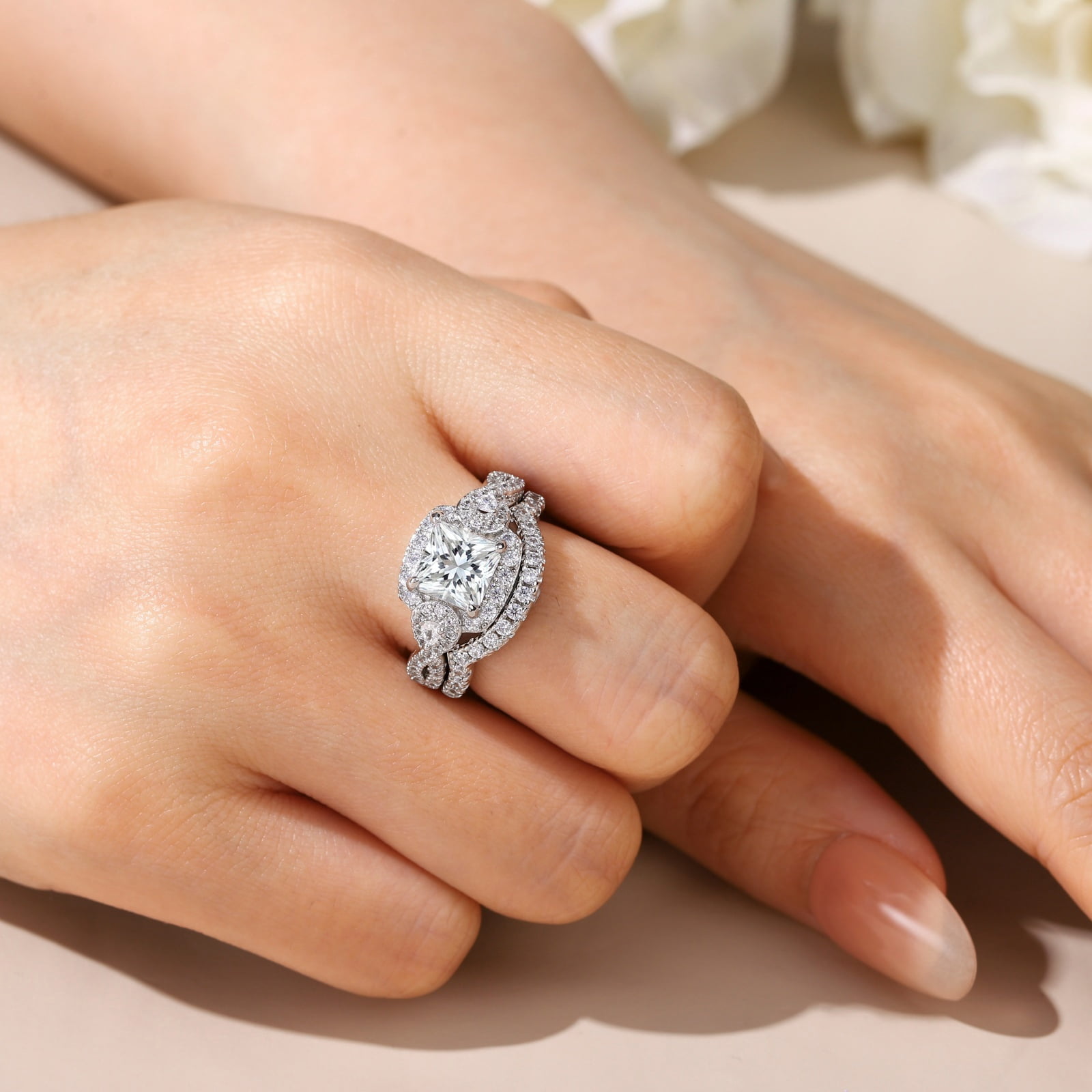 SFTING Engagement Rings for Women Princess Pear Cut Wedding Ring Set 5A CZ Silver 18K Plated Anniversary Mother's Day Gift for Her Size 6