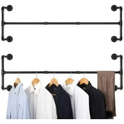 Wall-Mounted Clothes Rack, 43.7"L Double Black Iron Garment Bar, Industrial Pipe Clothing Rack, Multi-Purpose Hanging Rod for Closet Storage, Set of 2