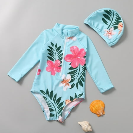 

Gubotare Toddler Summer Girls Long Sleeve Floral Leaf Print Girls Kids Swimwear With Hat 2pcs Teen Bathing Suit Light Blue 18-24 Months