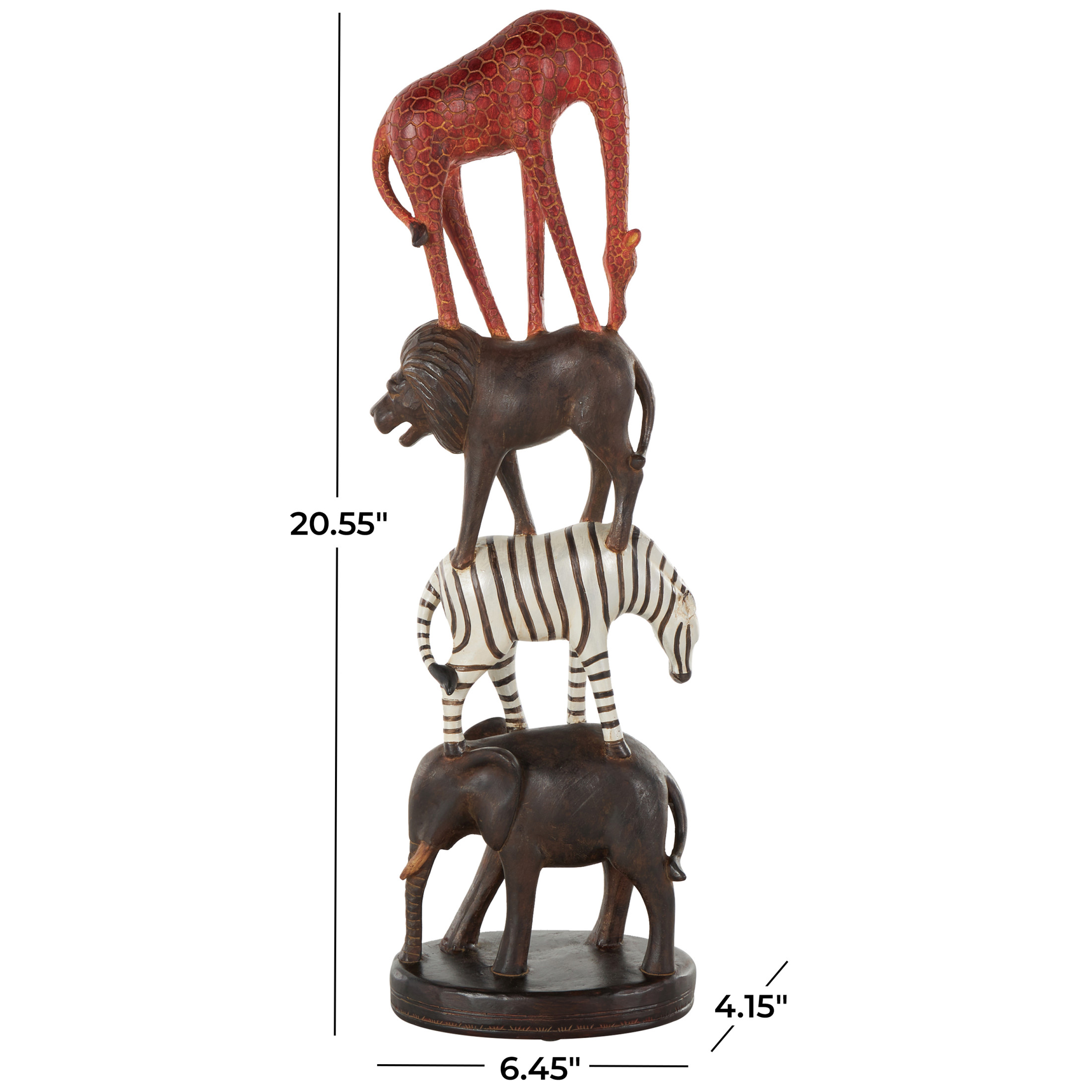 6" x 21" Black Polystone Stacked Safari Animals Sculpture with Round Base, by DecMode