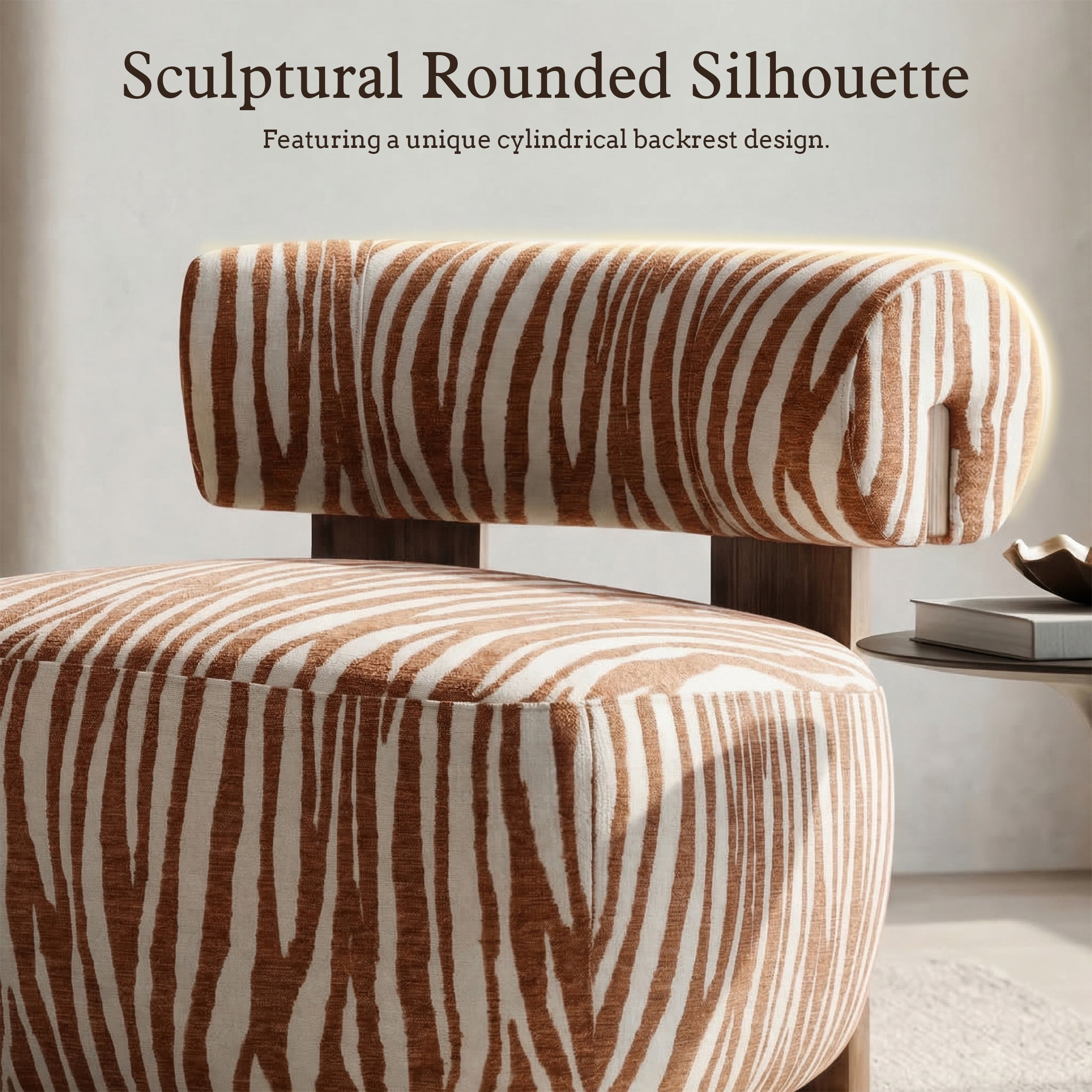 Aukfa Modern Chenille Accent Chair with Zebra-Stripe, Cylindrical Backrest for Living Room, Orange