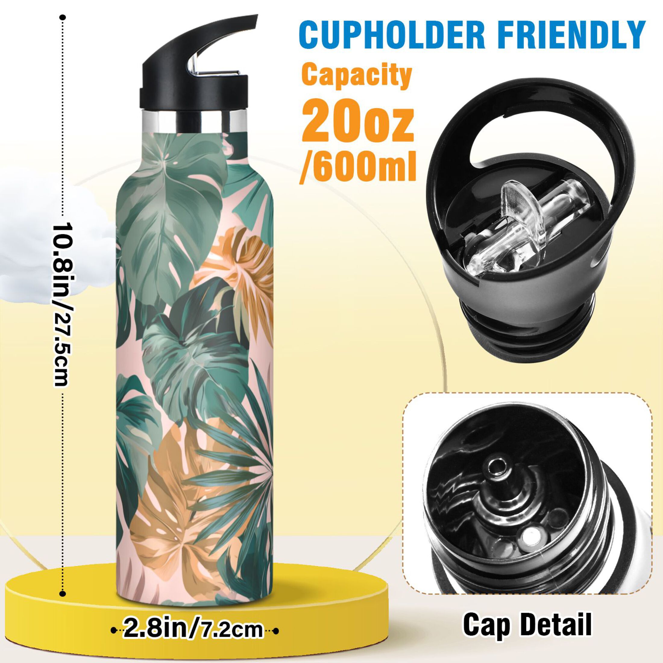 Kids Insulated Stainless Steel Sports Water Bottle 600ml (20oz) Abstract Tropical Leaves Pattern