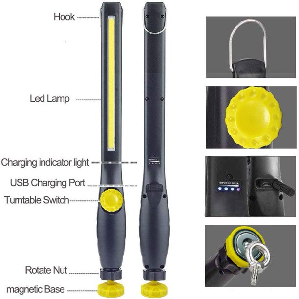 Luz de trabajo LED recargable con rotación magnética y USB de 360 grados, luz de inspección LED recargable, luz de inspección para taller doméstico, camping al aire libre, senderismo (amarillo) LingWen 9024715589613
