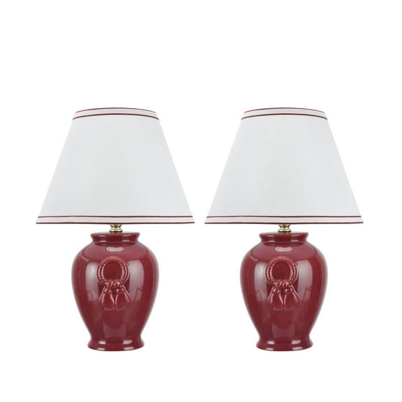 Aspen Creative 40069-3, Two Pack Set, 17" High, Traditional Ceramic Table Lamp, Burgundy with Hardback Empire Shaped Lamp Shade In Off-White, 11 1/2" Wide