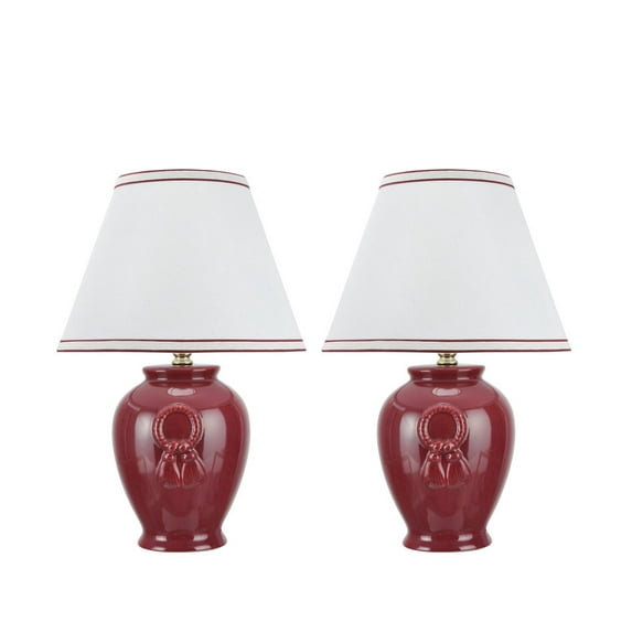 Aspen Creative 40069-3, Two Pack Set, 17" High, Traditional Ceramic Table Lamp, Burgundy with Hardback Empire Shaped Lamp Shade In Off-White, 11 1/2" Wide