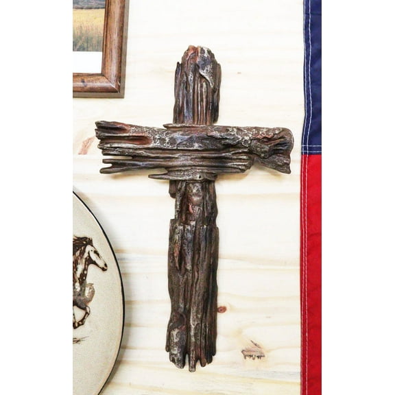 Rustic Western Country Rugged Faux Driftwood Distressed Wood Wall Cross Plaque