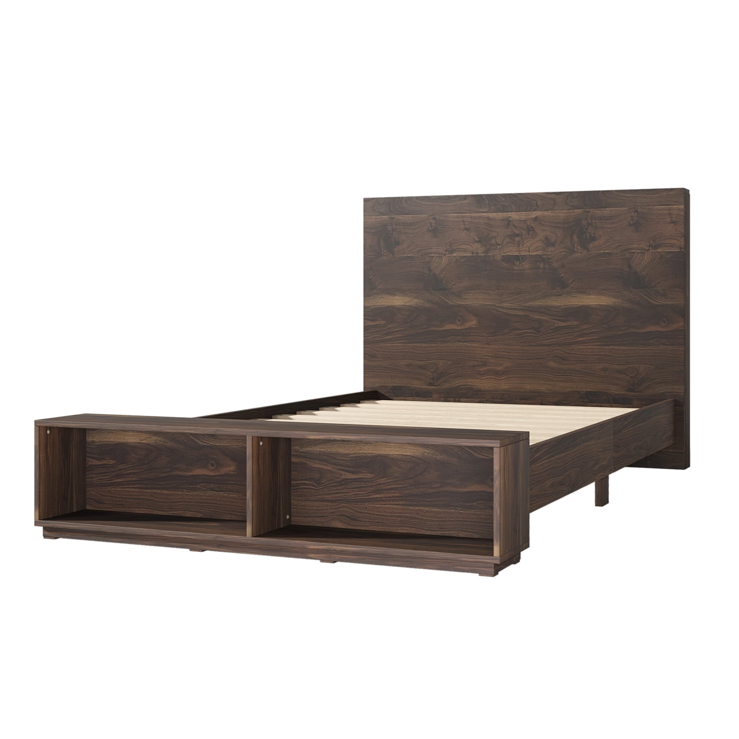 Kadyn Queen Size Wood Platform Bed, Wood Storage Queen Bed with Storage Bench in Walnut, Modern MDF Farmhouse bedstead for bedroom, Walnut Kadyn Queen Size Wood Platform Bed, Wood Storage Queen Bed with Storage Bench in Walnut, Modern MDF Farmhouse bedstead for bedroom, Walnut