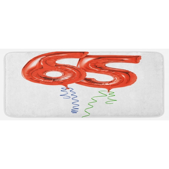 65th Birthday Kitchen Mat, Birthday Balloons for Age 65 Joyous Cheerful Party Object Image, Plush Decorative Kitchen Mat with Non Slip Backing, 47" X 19", Red Green Blue, by Ambesonne