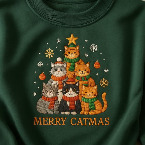 Merry Catmas Embroidered Sweatshirt, Cat Stack Christmas Tree Hoodie, Cute Kitten Holiday Gift, Cat Mom Crewneck, Xmas Cat Lover Tee