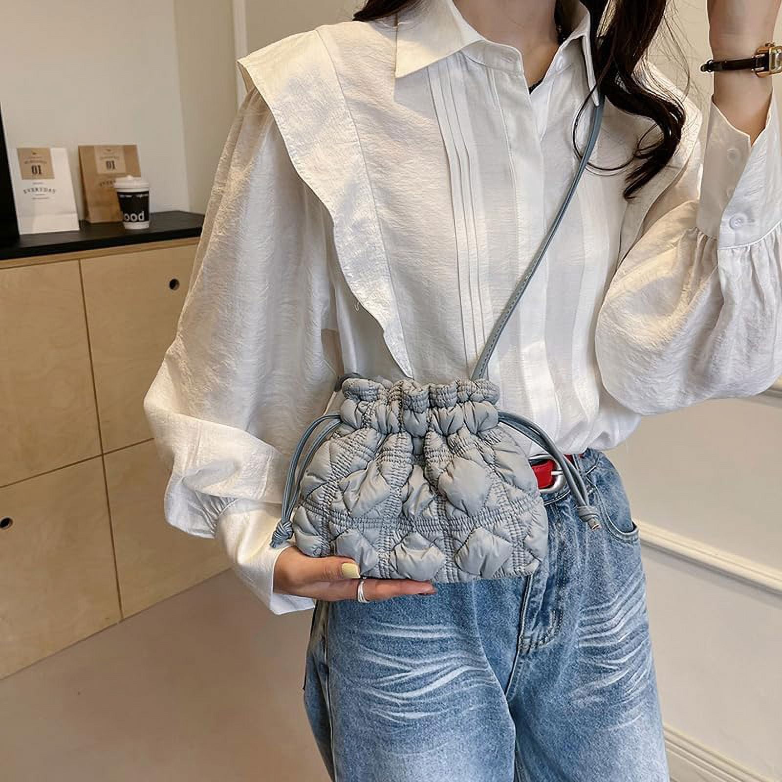 HLSOHJP Quilted Bags Mini Puffer Crossbody Bag Puffy Purse for Women Drawstring Clutch Bag Small Shoulder Purse