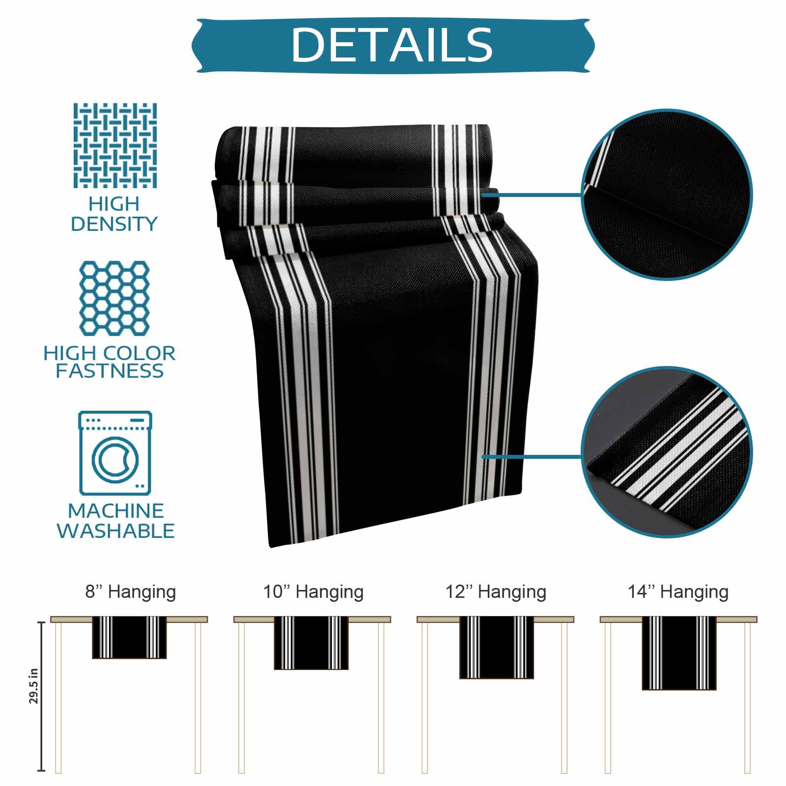 Black Striped Table Runner, Farmhouse Black White Stripes Washable Cotton Linen Table Runners 120 Inches Long, Dresser Scarf Runner for Dining/Living Room/Kitchen/Square Tables 13''x120''
