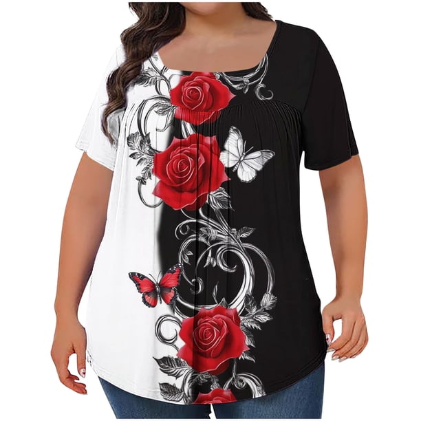 Tops Cortos para las Mujeres Impreso Cuello de Gran Tamaño Plisado Manga Corta Suelta Superior en Tamaños Más L-5xl