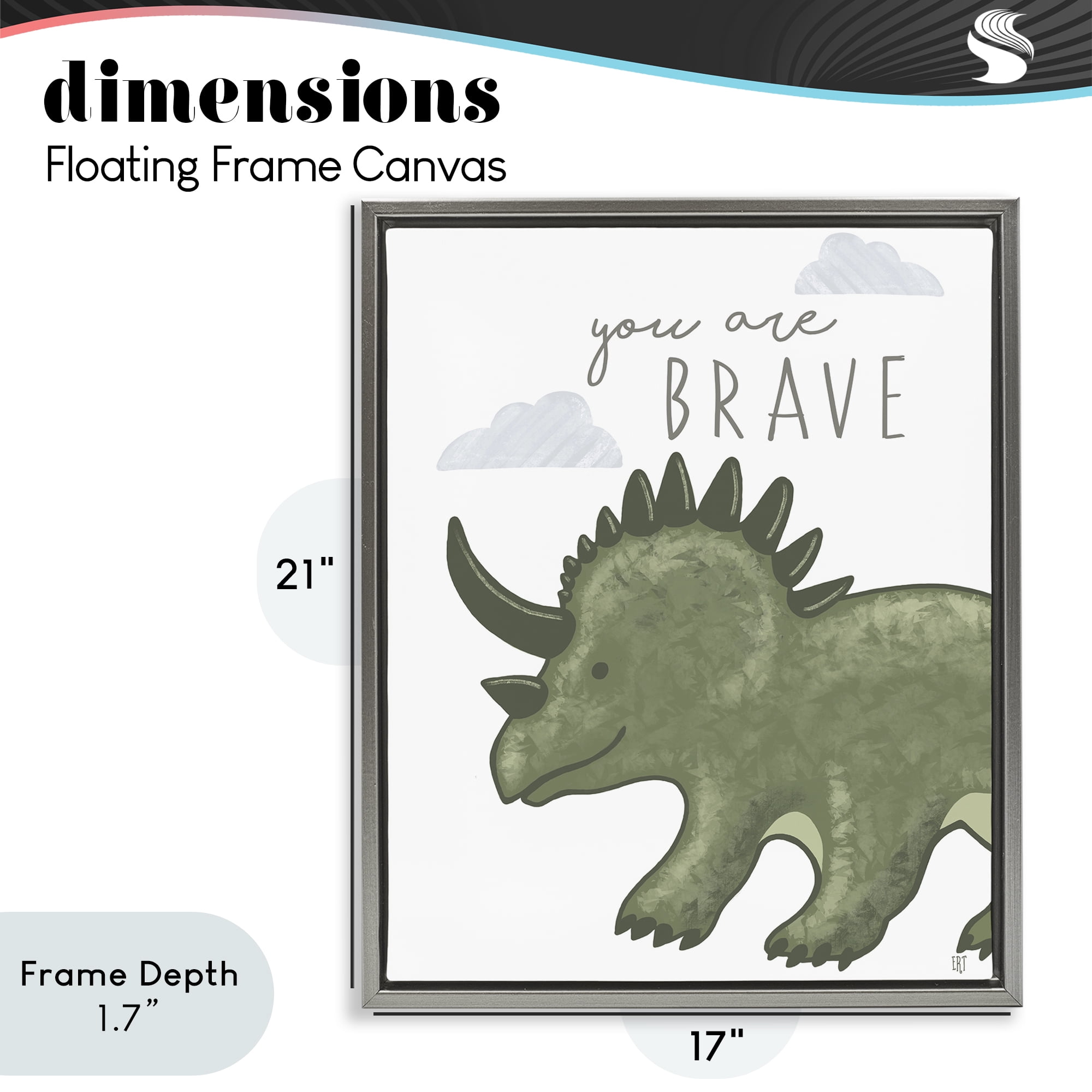 Stupell Industries You Are Brave Dinosaur Gray Framed Floater Canvas Wall Art, design by Elizabeth Tyndall