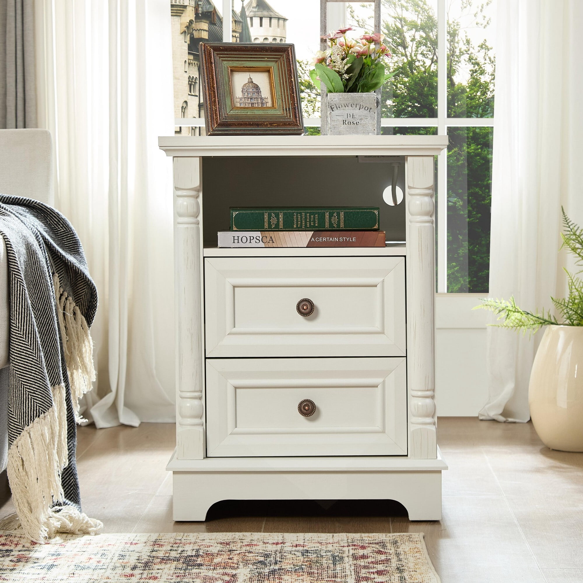 AENKYO Farmhouse 2-Drawer Nightstand with Charging Station, Rustic Wooden End Table for Bedroom & Living Room, White