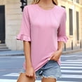 thumbnail image 2 of WREESH 2025 Fashion Tops Women's Curled Short Sleeve Solid Color Round Neck Loose T-Shirt Top, 2 of 5