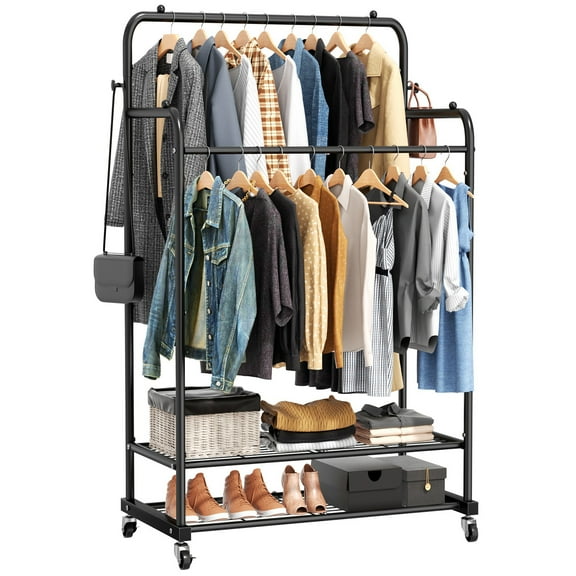 UNTIMATY Double Rods Clothes Garment Rack with Wheels, Metal Clothing Racks for Hanging Clothes with 2 Hooks 2 Shoe Shelves, Black