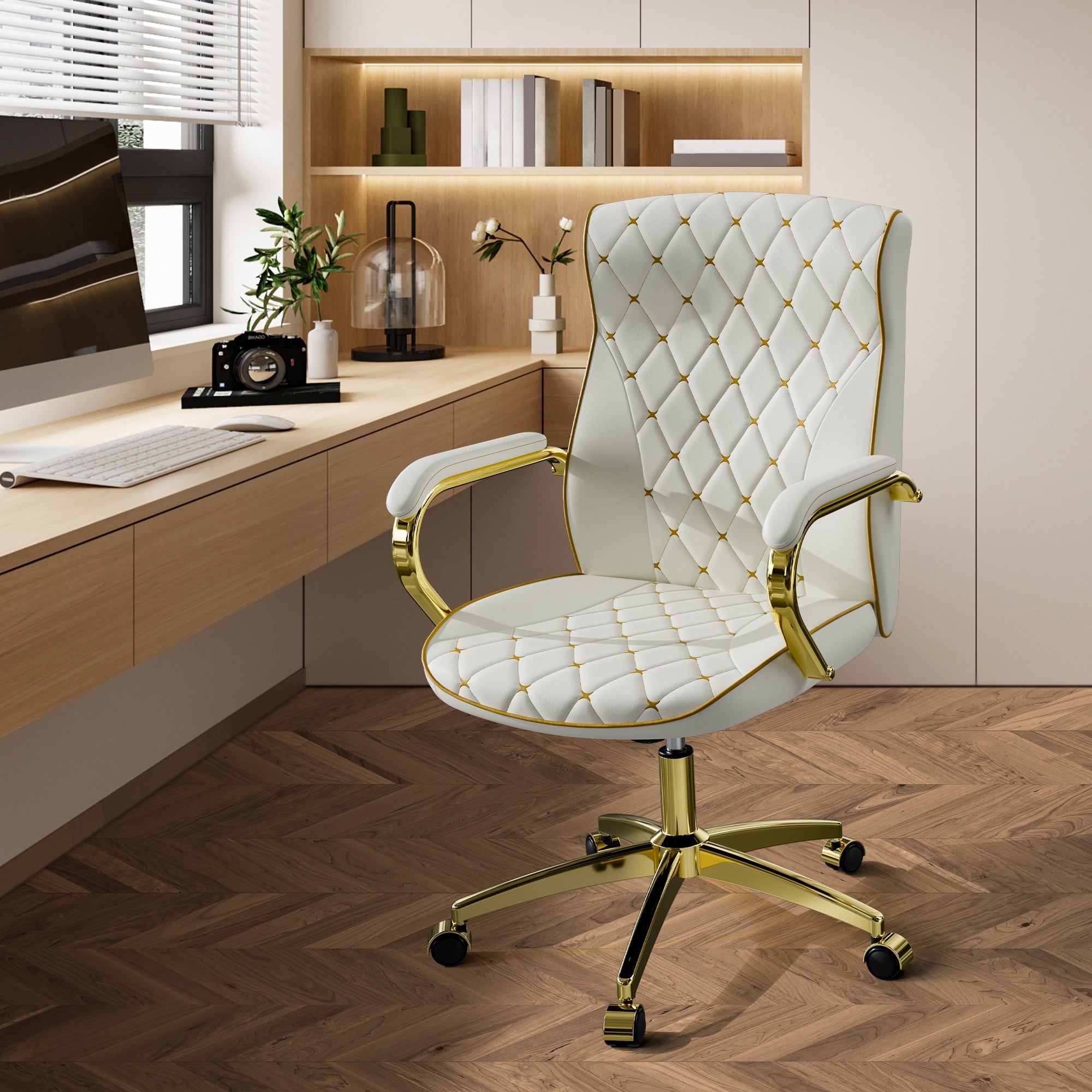 HomeZeer White and Gold Office Chair, Ergonomic High Back Executive Desk Chair with Wheels and Arms, Modern PU Leather Computer Chair with Rocking Function, White