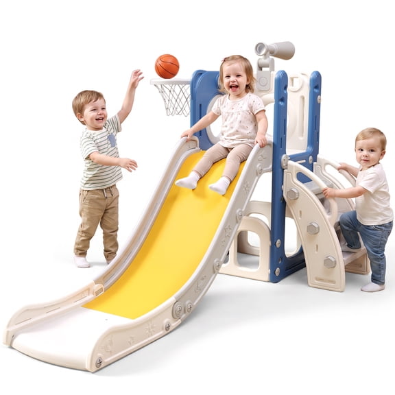 6 in 1 Toddler Playset with Slide,Toddler Slide,Slide for Kids with Basketball Hoop,Ball,Ring Toss,Kids Slide Toddler Playground Toddler Slide Indoor Outdoor Toys