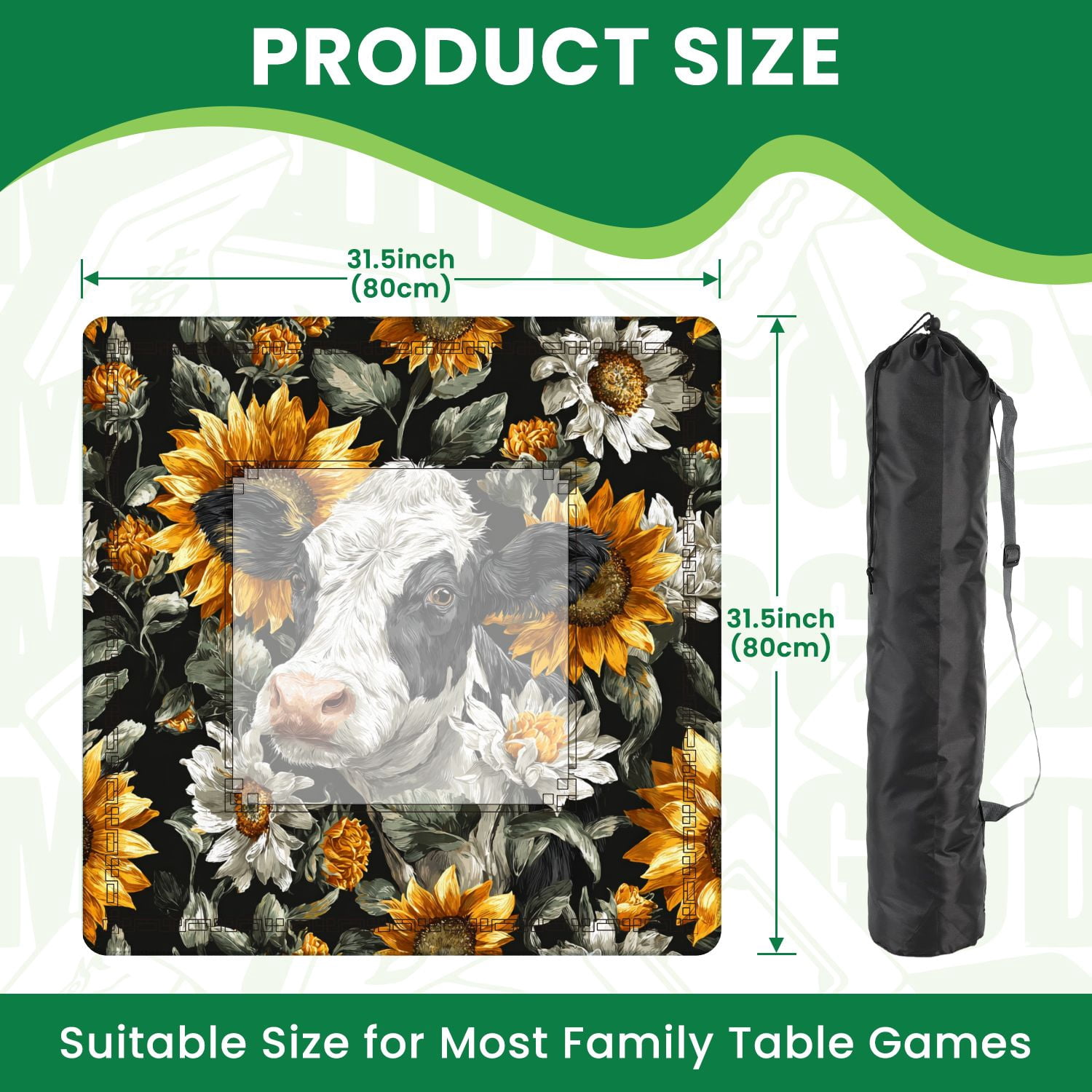 Mahjong Mat 31.5" x 31.5" Black White Cow Print Sunflowers seamless Non-Slip Noise Reduction American Mahjong Tiles Table Cover for Dominoes Poker Card Board Games Gift