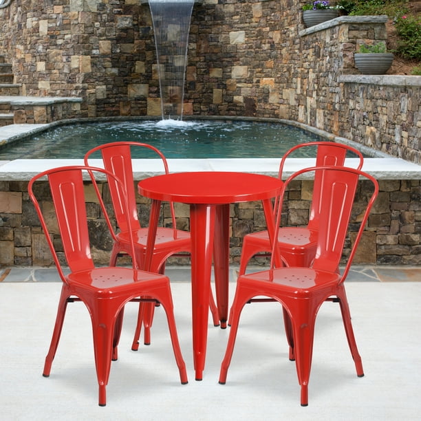Red Metal Indoor Outdoor Table Set, Round Metal Outdoor Dining Table And Chairs Set