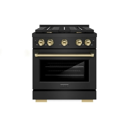 ZLINE Autograph Edition 30 in. 4.2 cu. ft. Paramount Dual Fuel Range with 4 Burner Gas Cooktop and Electric Convection Oven in Black Stainless Steel with Polished Gold Accents (SDRBZ-30-G)
