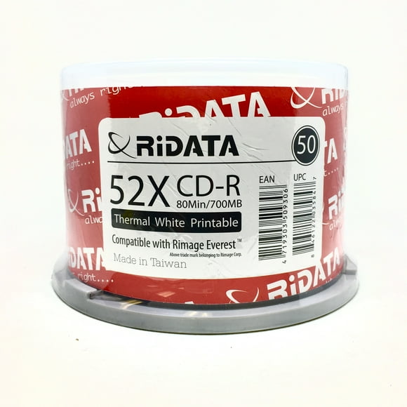 RIDATA/RITEK CD-R 80MIN/700MB 52X White Hub Thermal Printable, No stacking Ring (NSR) Surface 50pcs Cake Box