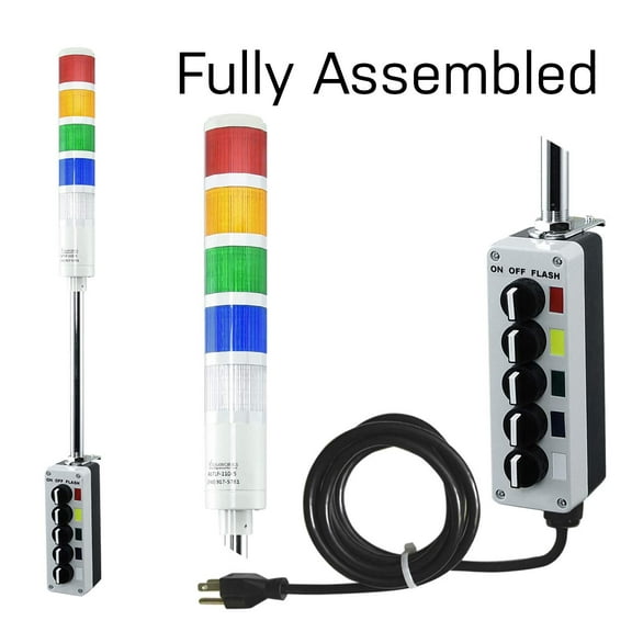 Signaworks 5 Stack Super Bright LED Andon Tower Light, 3 Pos On-Off-Flash, Red/Amber/Green/Blue/White, 8 ft Power Cord, Plug & Play Ready