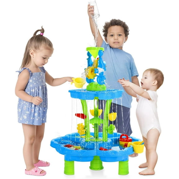 Water Table for Toddler 3 , 3-Tier Water Table for Kids Ages 4-8 for Outdoors Play, Kids Water and Sand Activity Sensory Playset, Sensory Table for Summer Beach Backyard, Blue-Green Dolphins