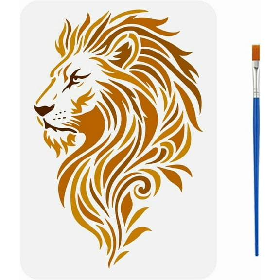 Lion Pattern Painting Stencils with Brush 8.3x11.7inch Plastic PET Lion Head Pattern Drawing Template Decorative Hollowed Animal Theme Stencil