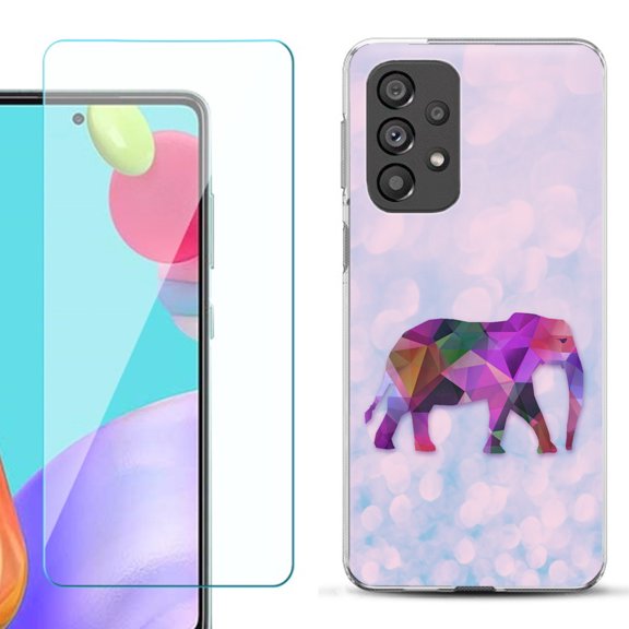 Slim-Fit Gel TPU Phone Case for Samsung Galaxy A33 5G, with Tempered Glass Screen Protector, by OneToughShield ® - Elephant /Polygon