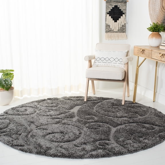 SAFAVIEH Florida Doug Floral Vines Geometric Shag Area Rug, Grey, 9' x 9' Round - Large - Transitional Modern Design, Grey, Non-Shedding & Easy Cleaning, Ultra Plush Thick Pile, Ideal for Living Room