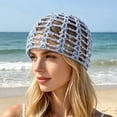 thumbnail image 3 of Ticikt Women Crochet Skull Cap, Handmade Hollow Fishnet Sequin Solid Cotton Hair Wrap Fashion Styling Beanie,Blue, 3 of 4